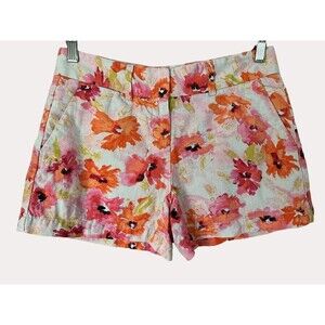 Ann Taylor Loft Linen Blend Floral Print Shorts Orange Pink Green 00
